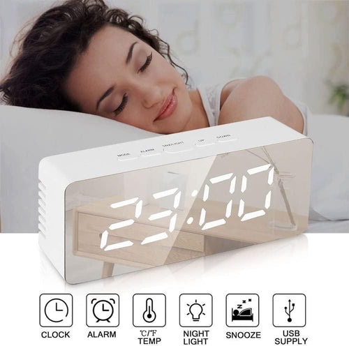 LED Mirror Digital Alarm Clock – Modern Bedside Clock with Night Light & USB Power