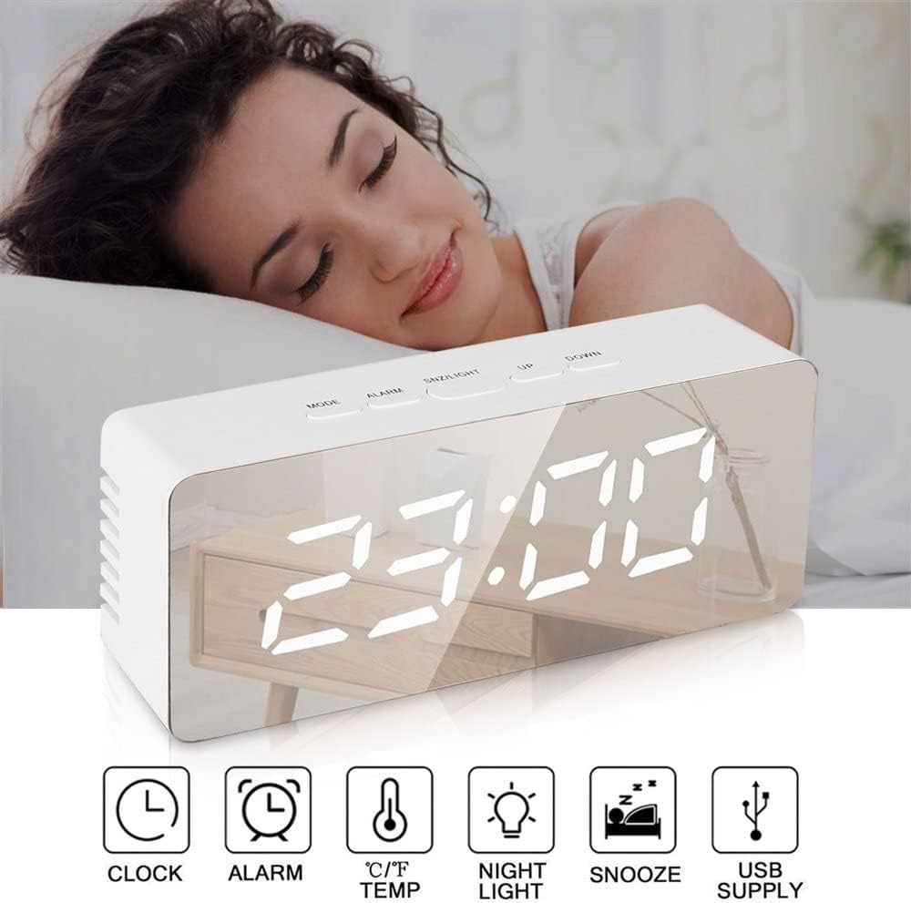 LED Mirror Digital Alarm Clock – Modern Bedside Clock with Night Light & USB Power