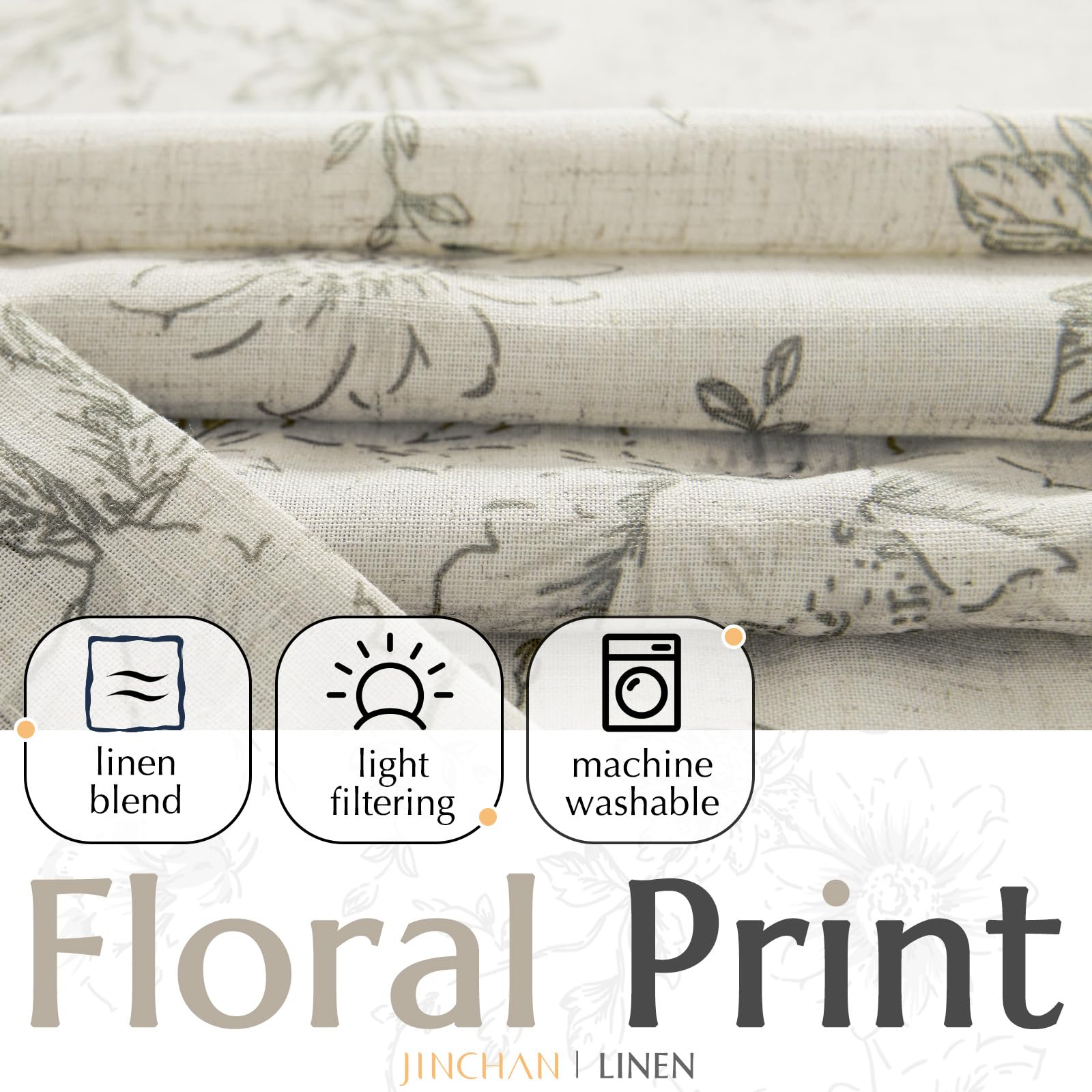 Grey Botanical Pattern Curtains – Classic Farmhouse Window Panels