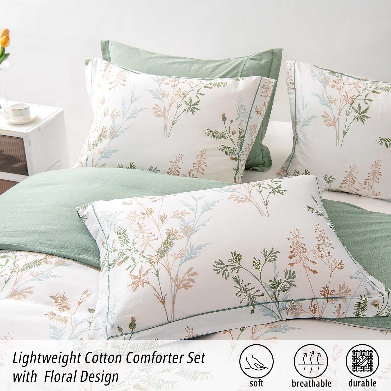 Sage Green Botanical Duvet Cover Set – Modern Floral Bedding