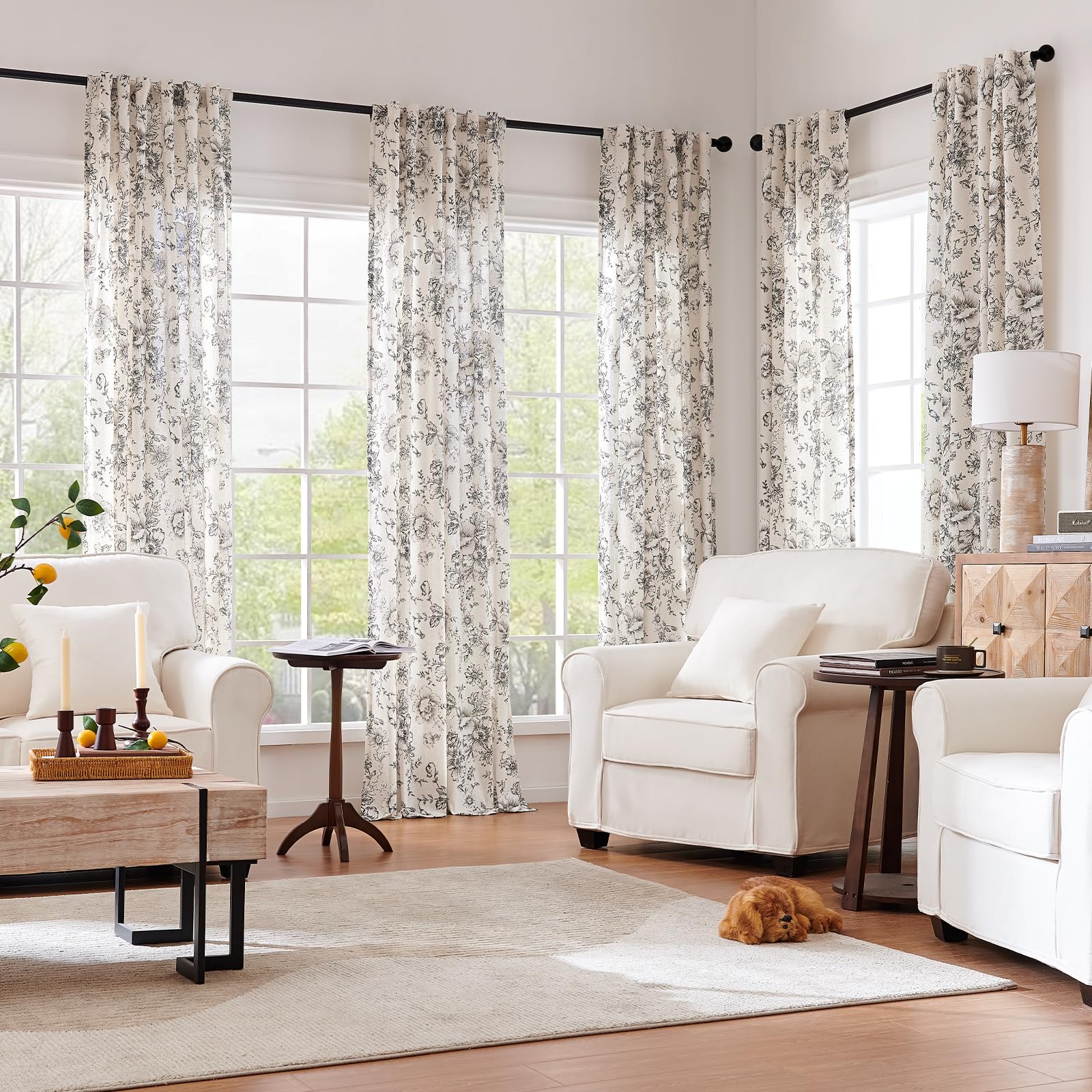 Neutral Botanical Print Curtains – Modern Floral Line Drapes