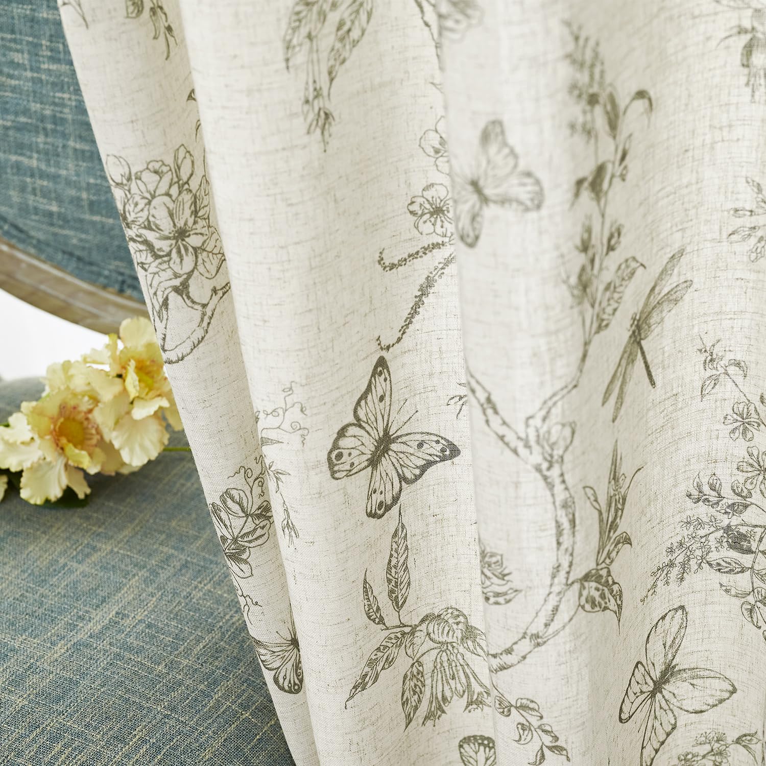 Neutral Botanical Sketch Curtains – Butterfly & Floral Print Drapes