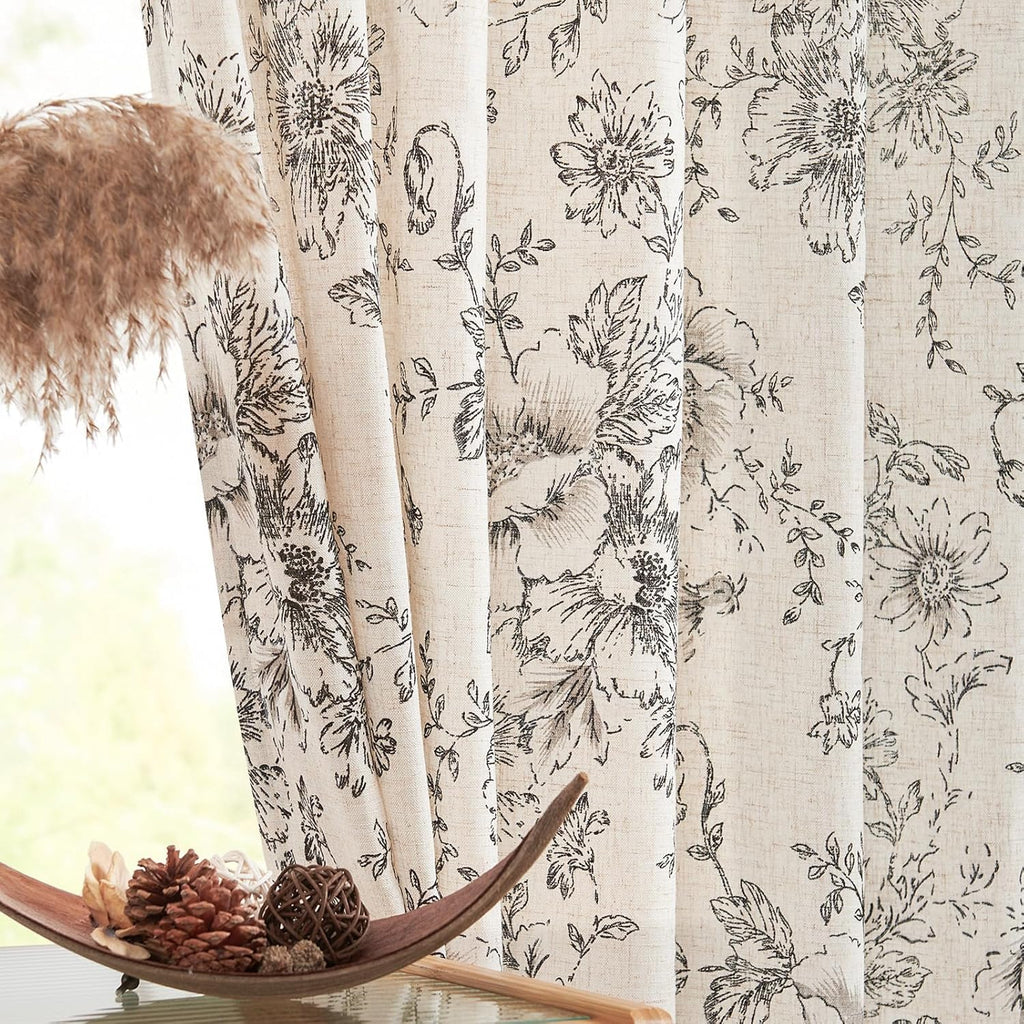 Neutral Botanical Print Curtains – Modern Floral Line Drapes