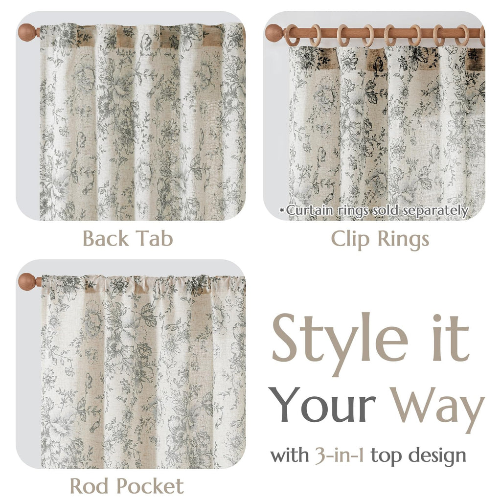 Grey Botanical Pattern Curtains – Classic Farmhouse Window Panels