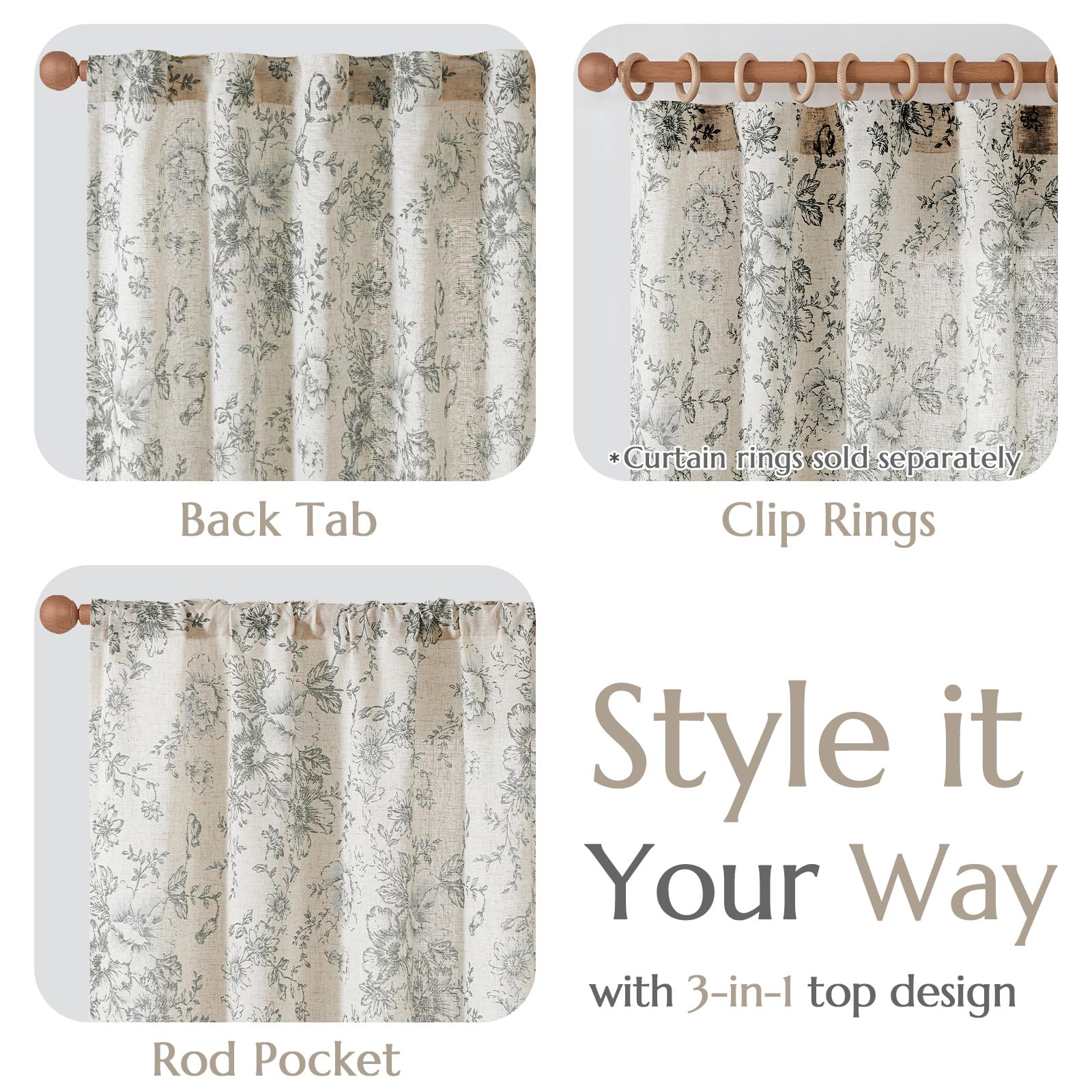 Grey Botanical Pattern Curtains – Classic Farmhouse Window Panels