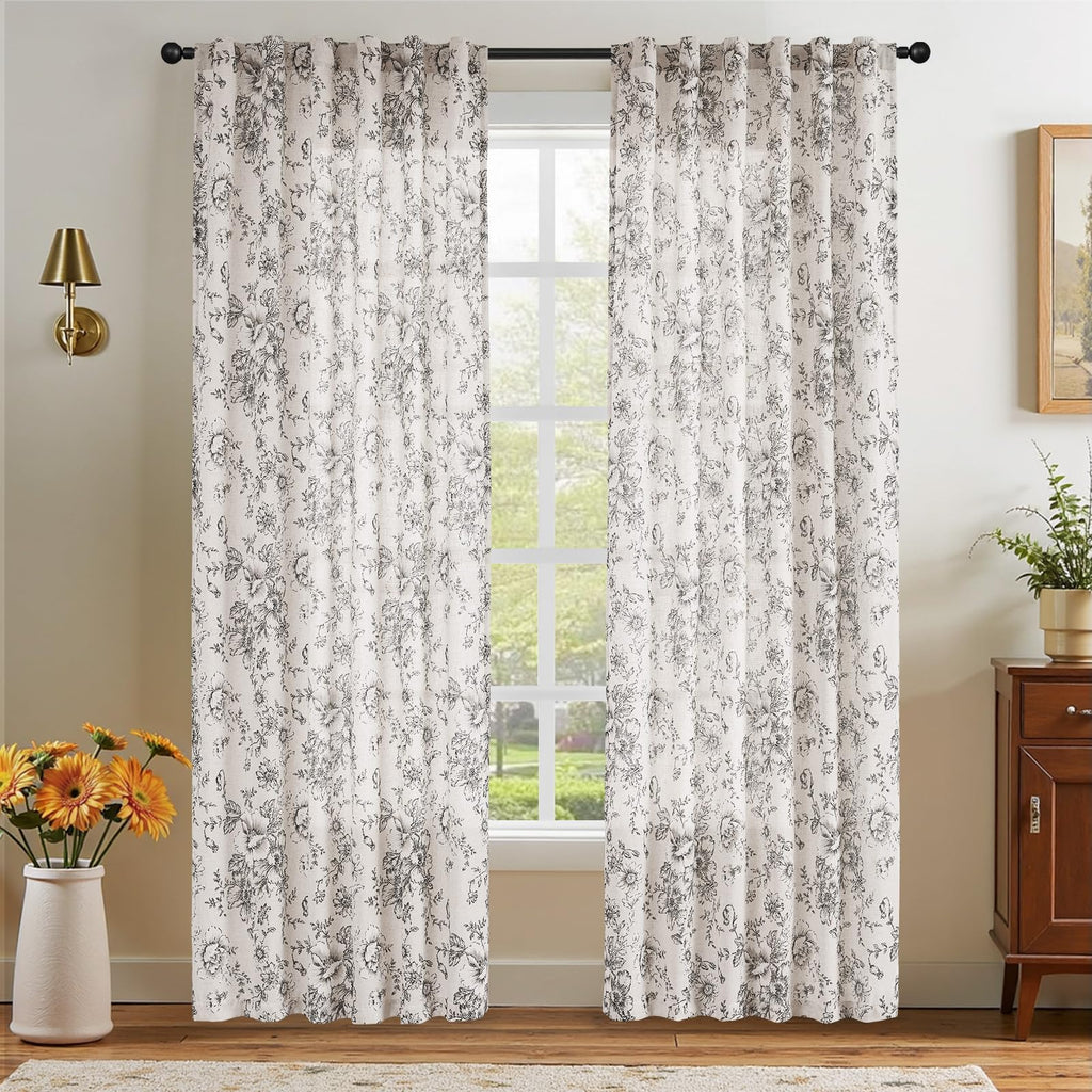 Neutral Botanical Print Curtains – Modern Floral Line Drapes