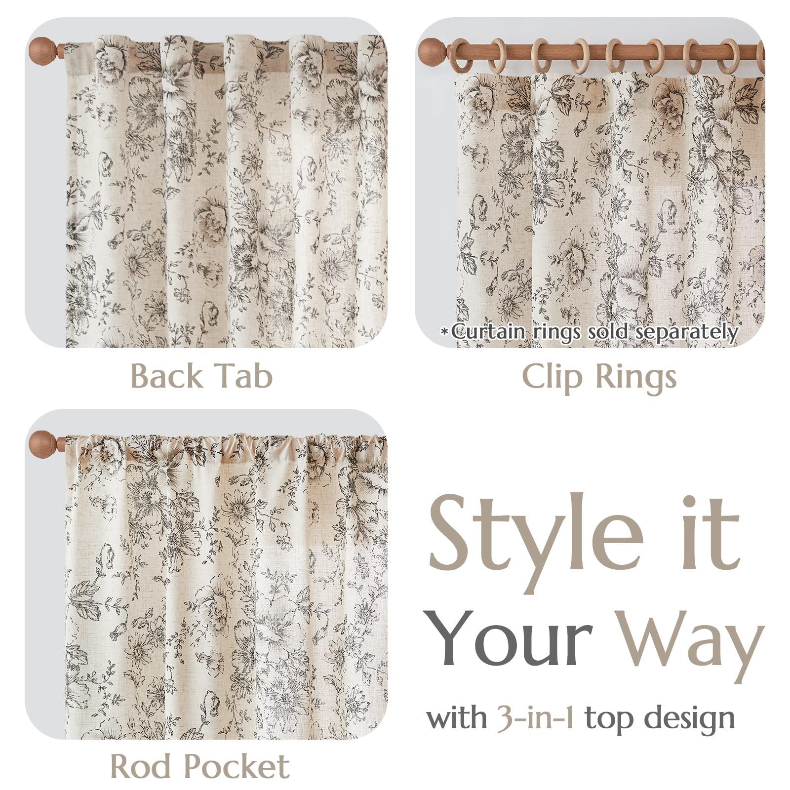 Neutral Botanical Print Curtains – Modern Floral Line Drapes