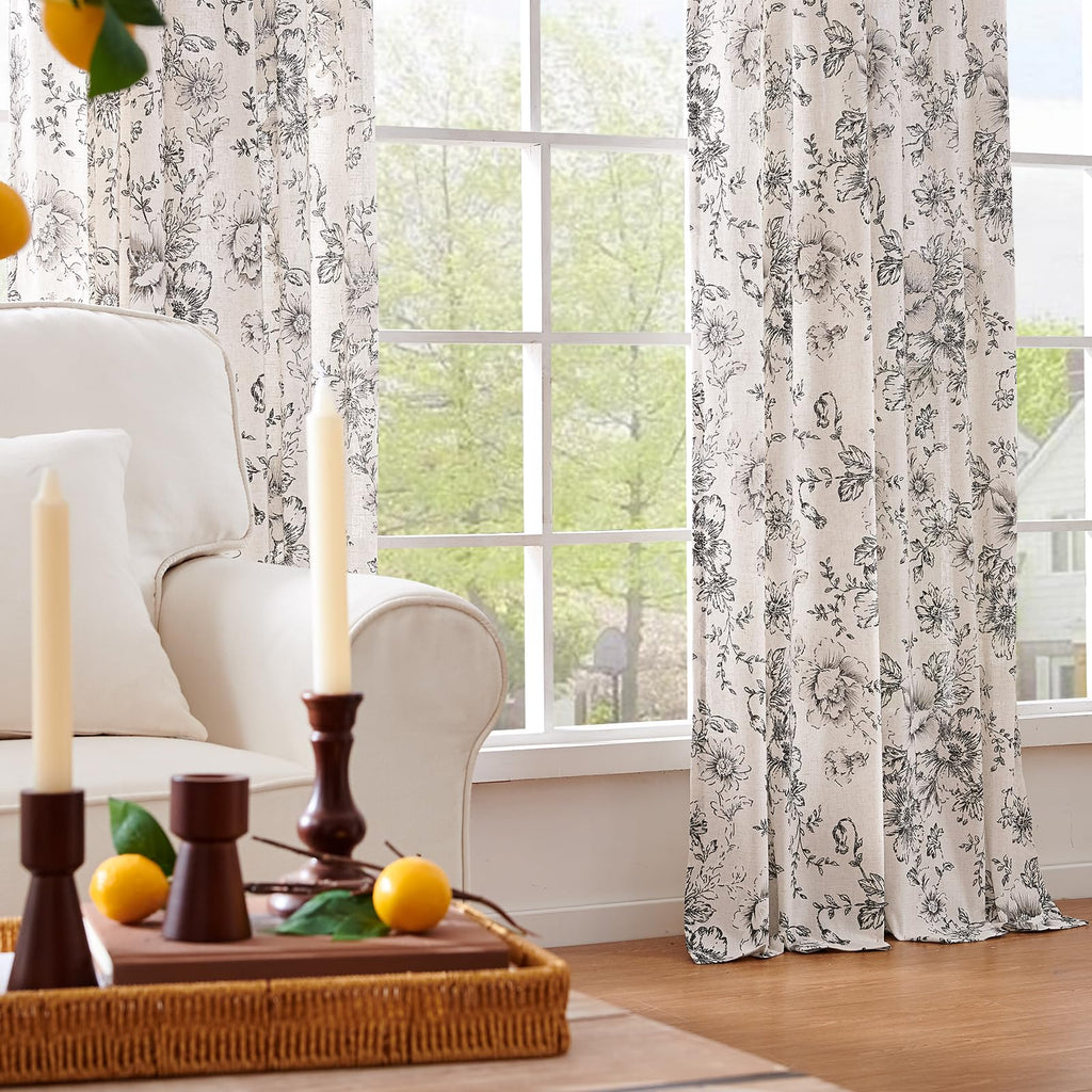 Neutral Botanical Print Curtains – Modern Floral Line Drapes