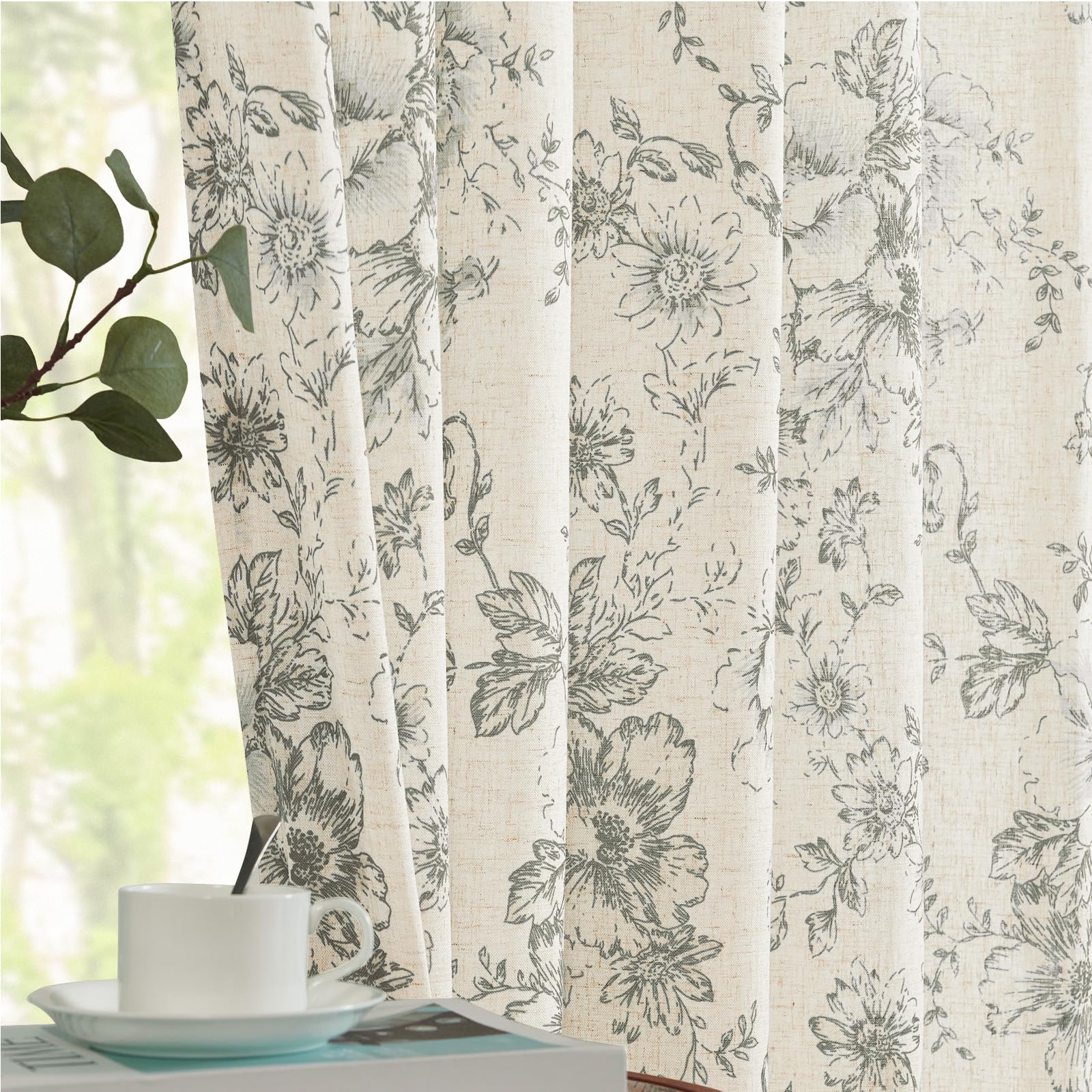 Grey Botanical Pattern Curtains – Classic Farmhouse Window Panels
