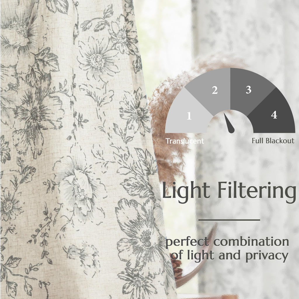 Grey Botanical Pattern Curtains – Classic Farmhouse Window Panels