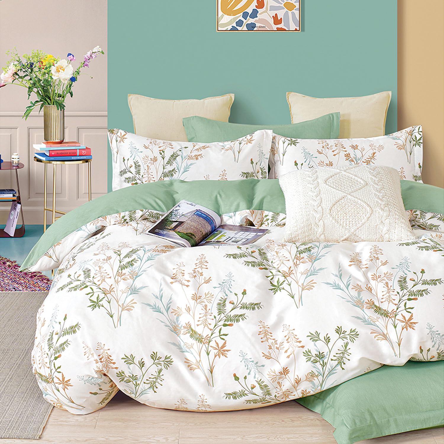 Sage Green Botanical Duvet Cover Set – Modern Floral Bedding