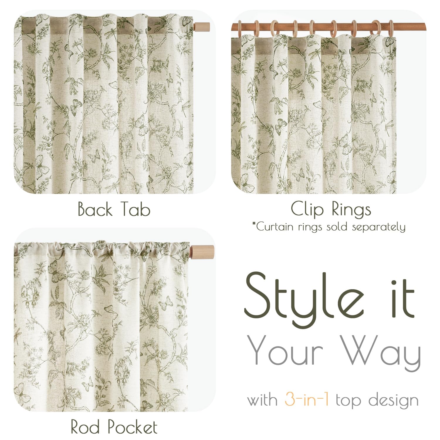 Neutral Botanical Sketch Curtains – Butterfly & Floral Print Drapes