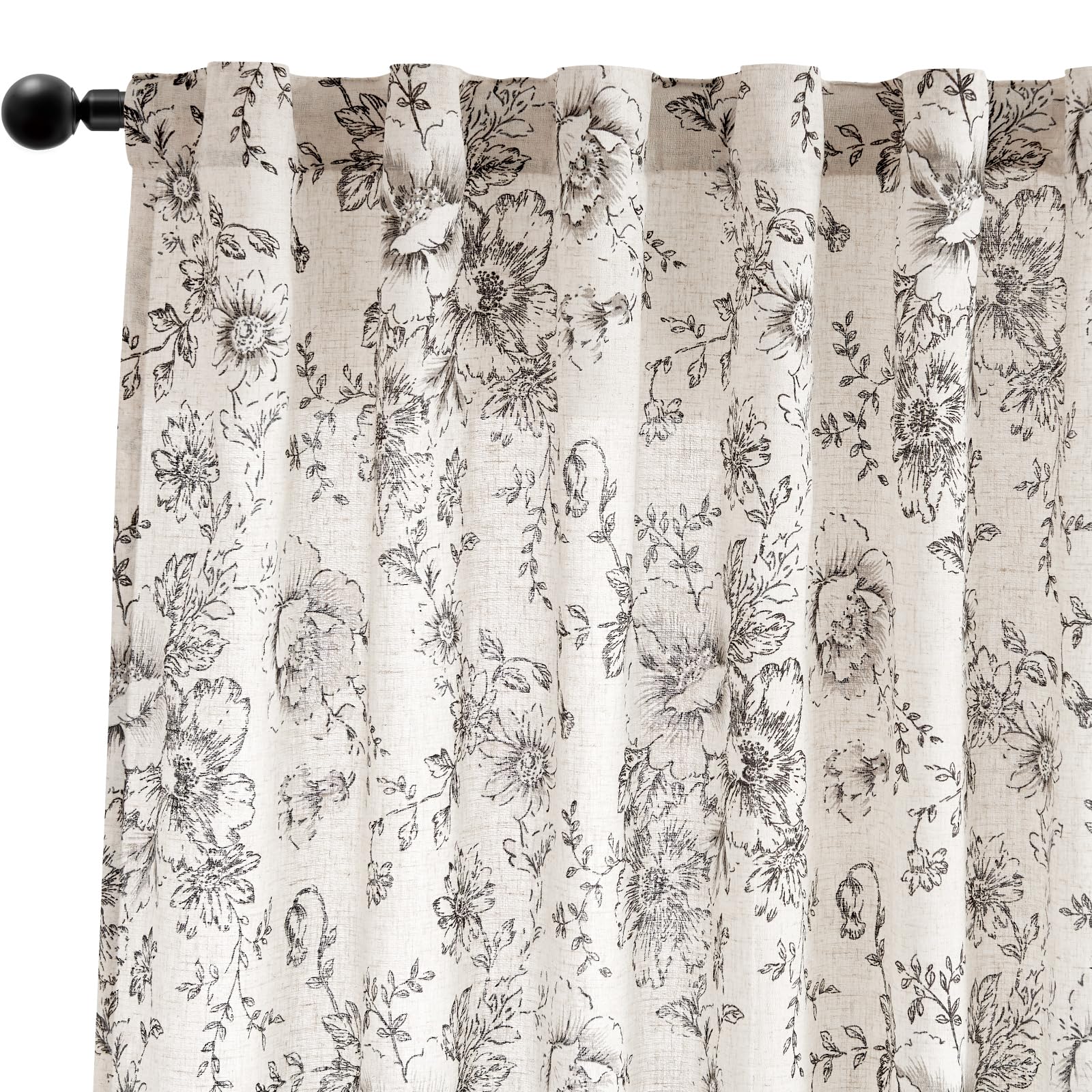 Neutral Botanical Print Curtains – Modern Floral Line Drapes