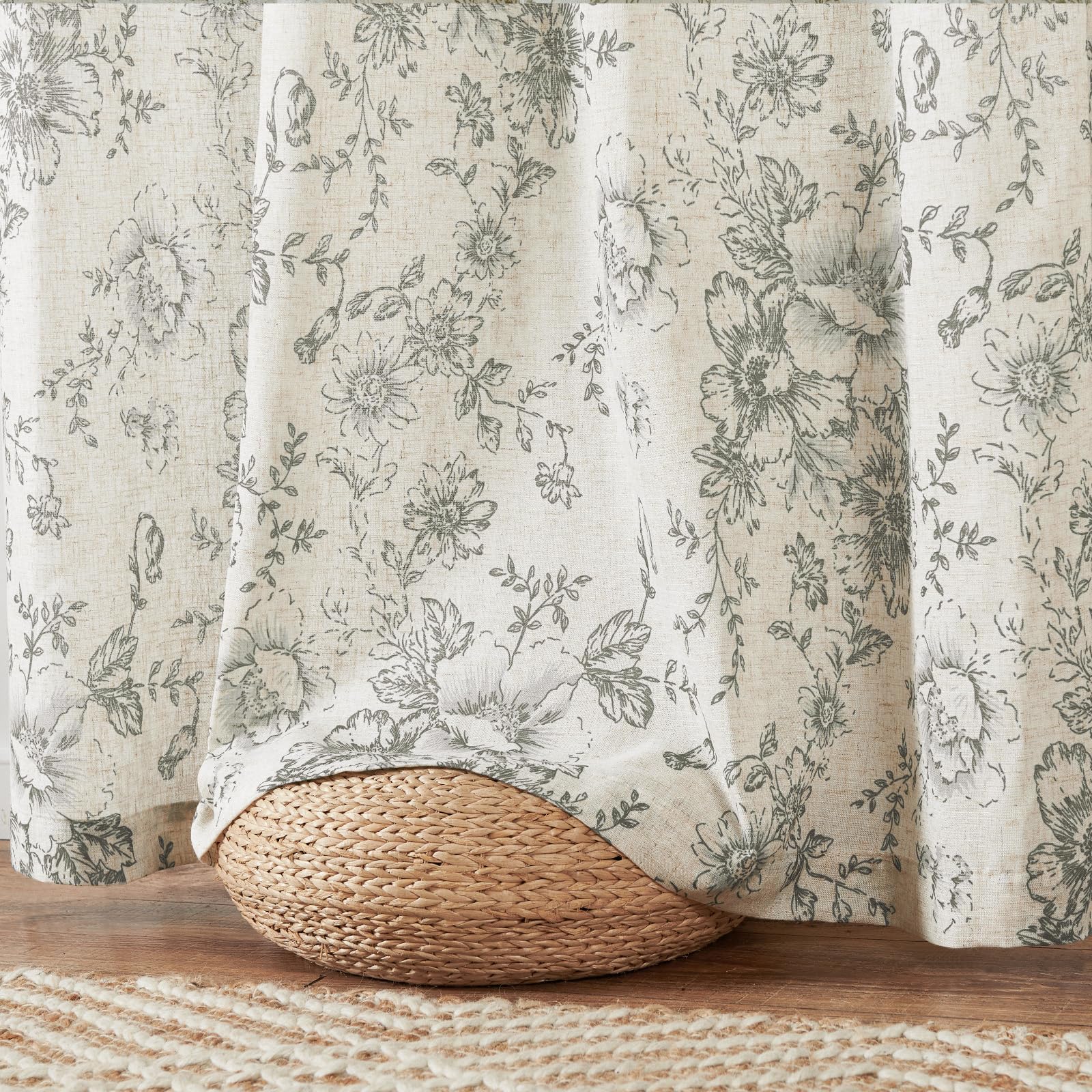 Grey Botanical Pattern Curtains – Classic Farmhouse Window Panels