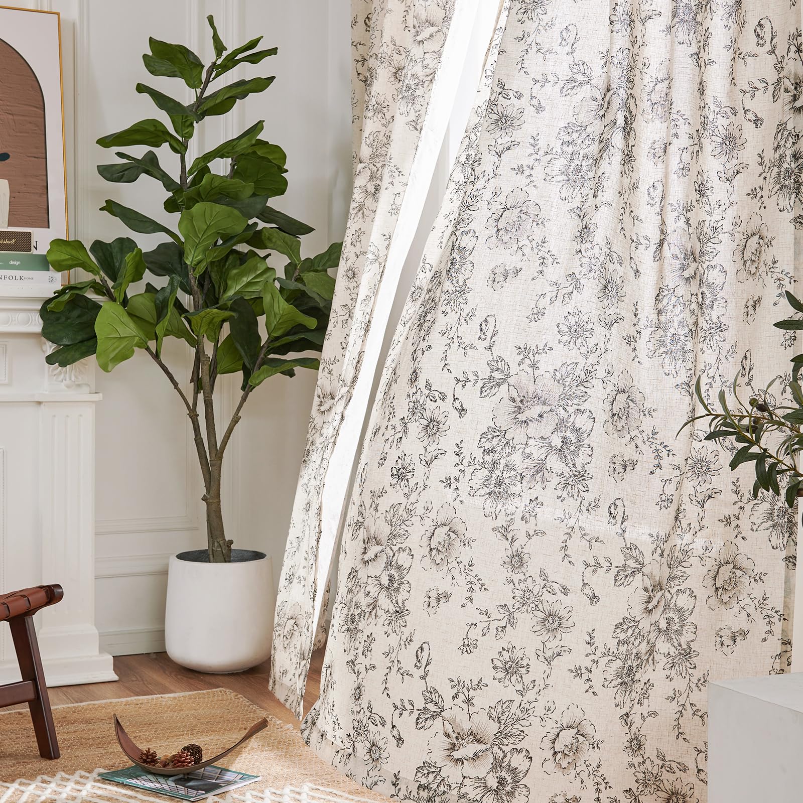 Neutral Botanical Print Curtains – Modern Floral Line Drapes