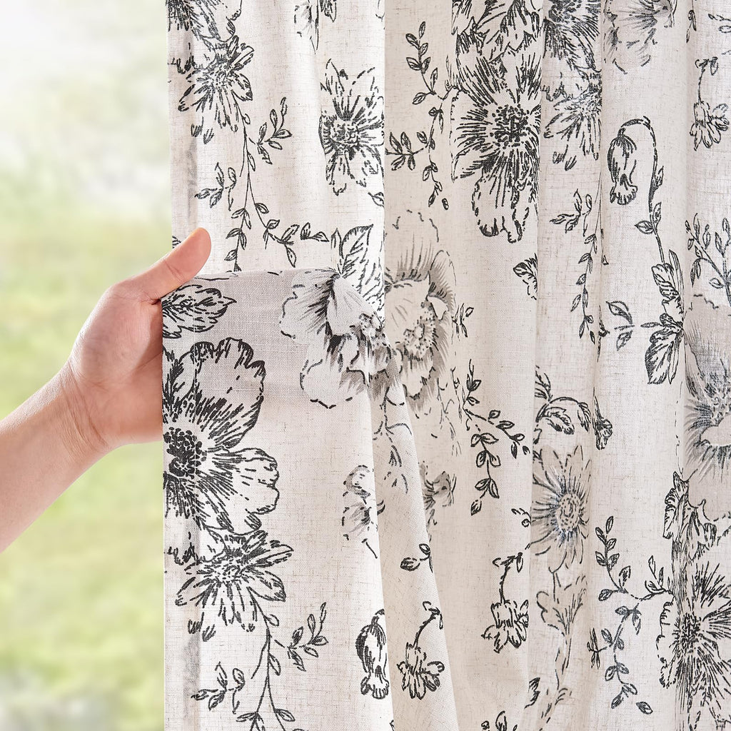 Neutral Botanical Print Curtains – Modern Floral Line Drapes