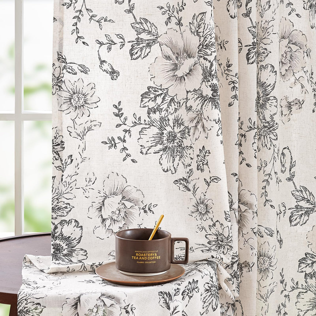 Neutral Botanical Print Curtains – Modern Floral Line Drapes